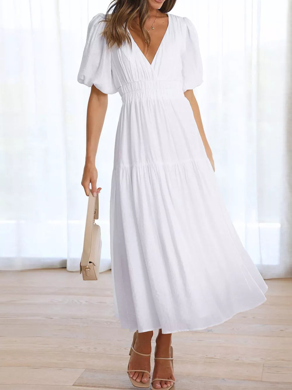 Elegant Puff Sleeve V-neck Midi Dress in Black, view 20