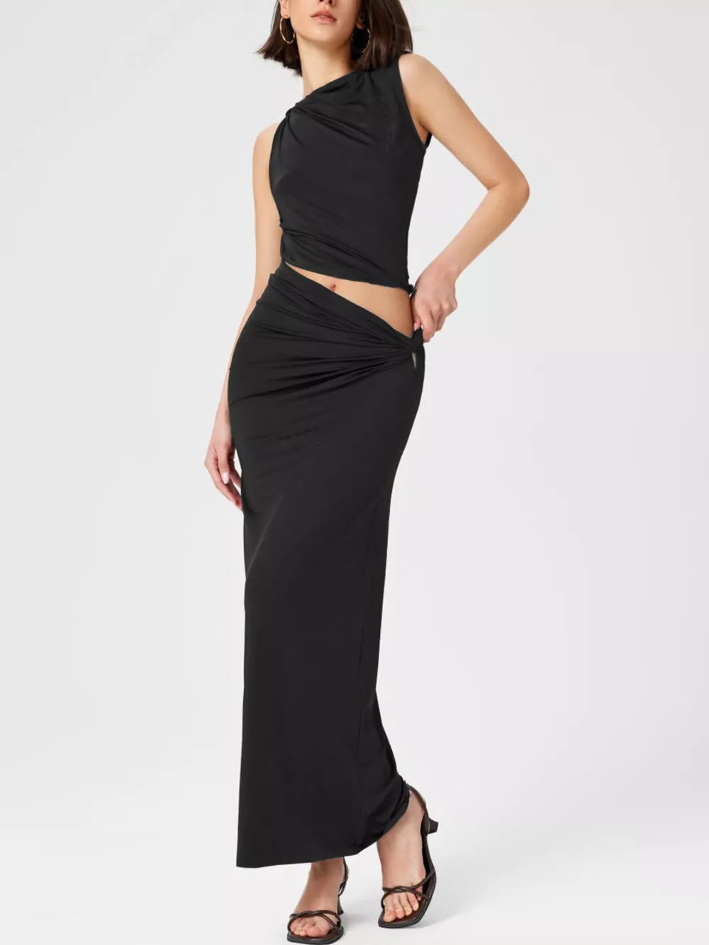 Asymmetrical Ruched Knit Top And Skirt Set in Yellow Green, view 11