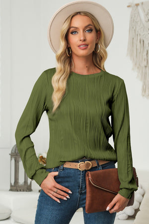 Textured Wave Crewneck Pullover in Moss, long sleeve, round neck, ribbed knit casual top.