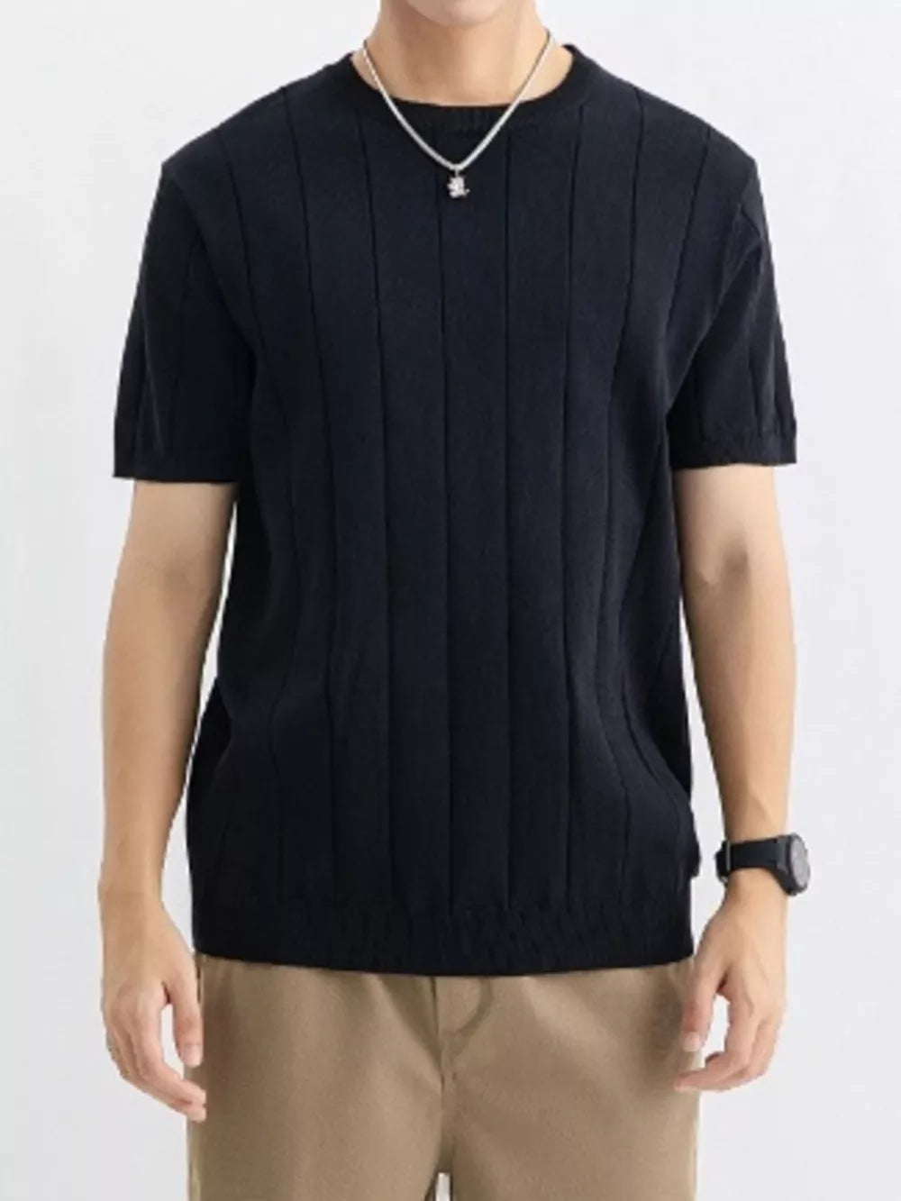 Men's black ribbed crew neck tee with short sleeves.