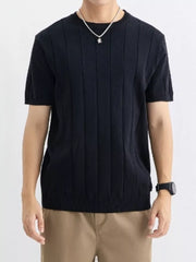 Men's black ribbed crew neck tee with short sleeves.
