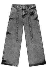 Acid wash belted palazzo jeans in dark with wide legs and front seams.