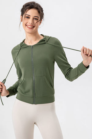 Matcha green zip-up hoodie with drawstrings and front pocket, performance fit
