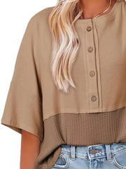 Khaki waffle-knit t-shirt with button detail and short sleeves.