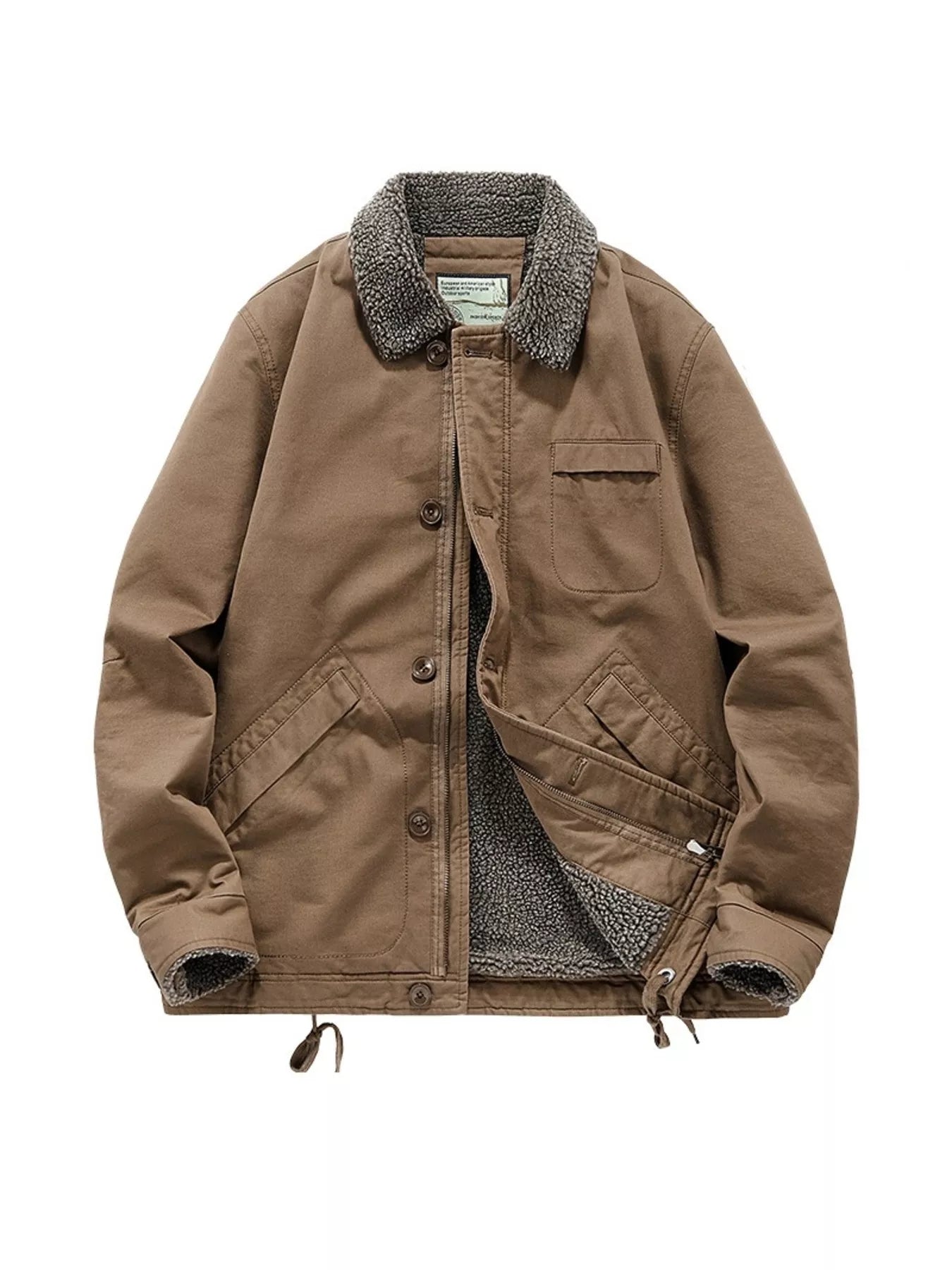 Brown sherpa collar jacket with button-up front and fleece lining.