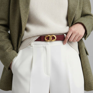 Burgundy cowhide leather belt with gold interlocking buckle
