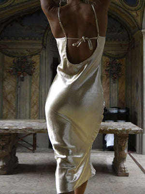 Gold cowl neck midi dress with tied back detail and body-skimming fit.