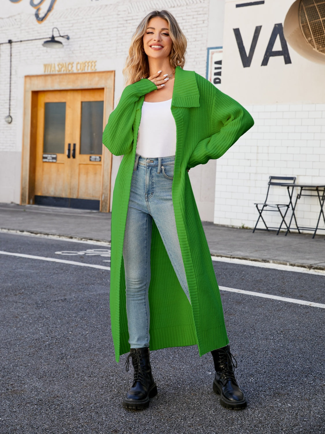 Longline knit collar cardigan in mid green acrylic with a relaxed fit.