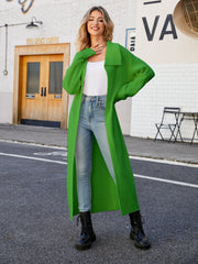 Longline knit collar cardigan in mid green acrylic with a relaxed fit.