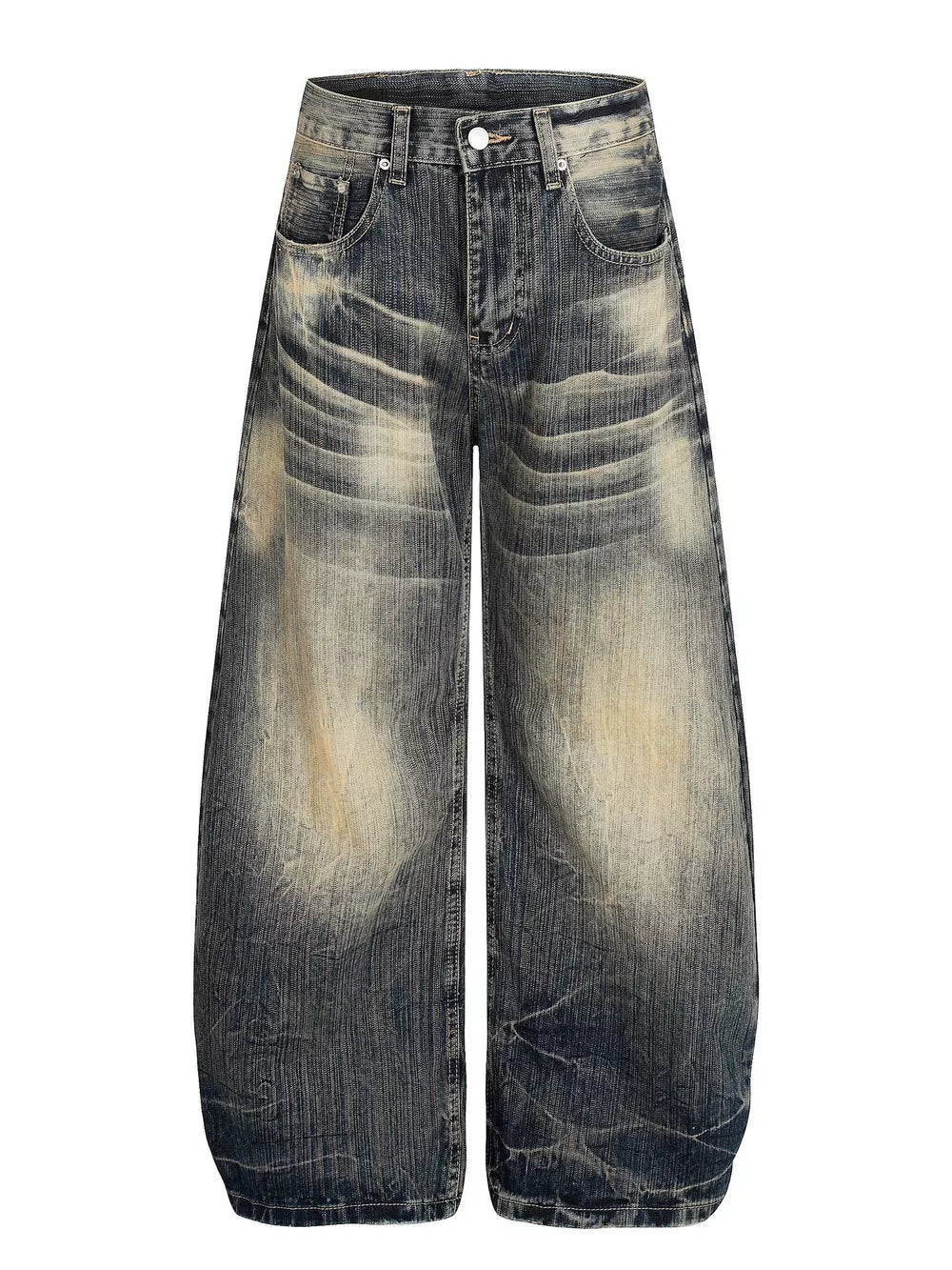 Men's vintage wash wide leg jeans in distressed blue cotton denim.