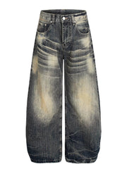 Men's vintage wash wide leg jeans in distressed blue cotton denim.