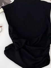 Black mock neck tank top with textured ruching detail on the side.