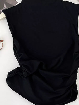 Black mock neck tank top with textured ruching detail on the side.