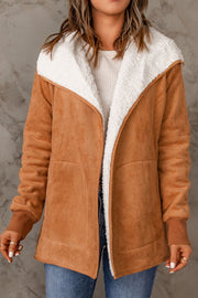 Caramel suede-effect jacket with white sherpa collar and cuffs