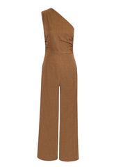 Brown one-shoulder wide leg jumpsuit with ruched detail and a textured fabric.