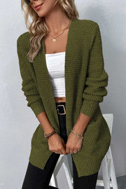 Matcha green waffle knit longline cardigan with pockets and open front.