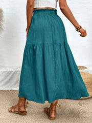 Textured tiered maxi skirt in French Blue with elastic waist and ruffled hem.