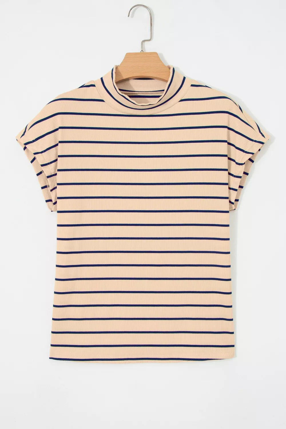 Striped mock neck t-shirt in beige with navy stripes, short sleeves, and ribbed cotton fabric.