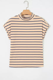 Striped mock neck t-shirt in beige with navy stripes, short sleeves, and ribbed cotton fabric.