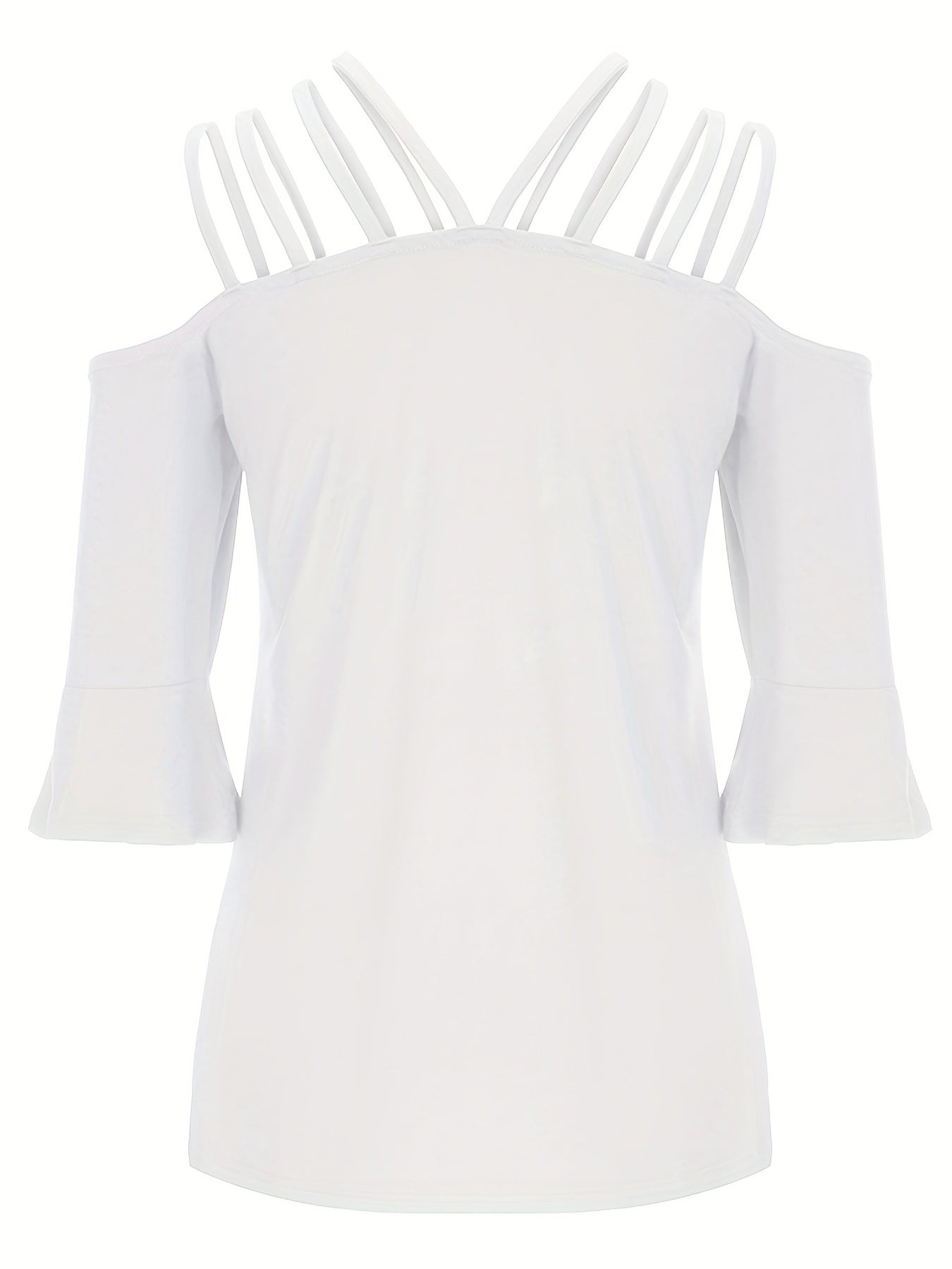 White blouson top with strappy cold shoulder and flared 3/4 sleeves