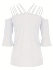 White blouson top with strappy cold shoulder and flared 3/4 sleeves