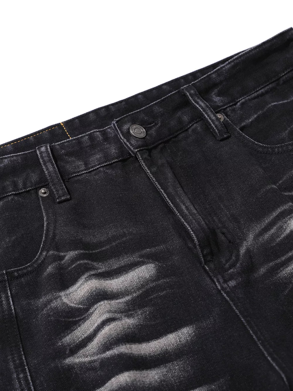 Belted wide leg jeans in black denim with a washed effect.