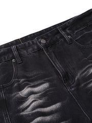 Belted wide leg jeans in black denim with a washed effect.