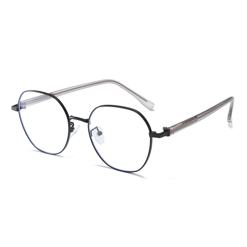 Round metal frame glasses with clear lenses and black rims.