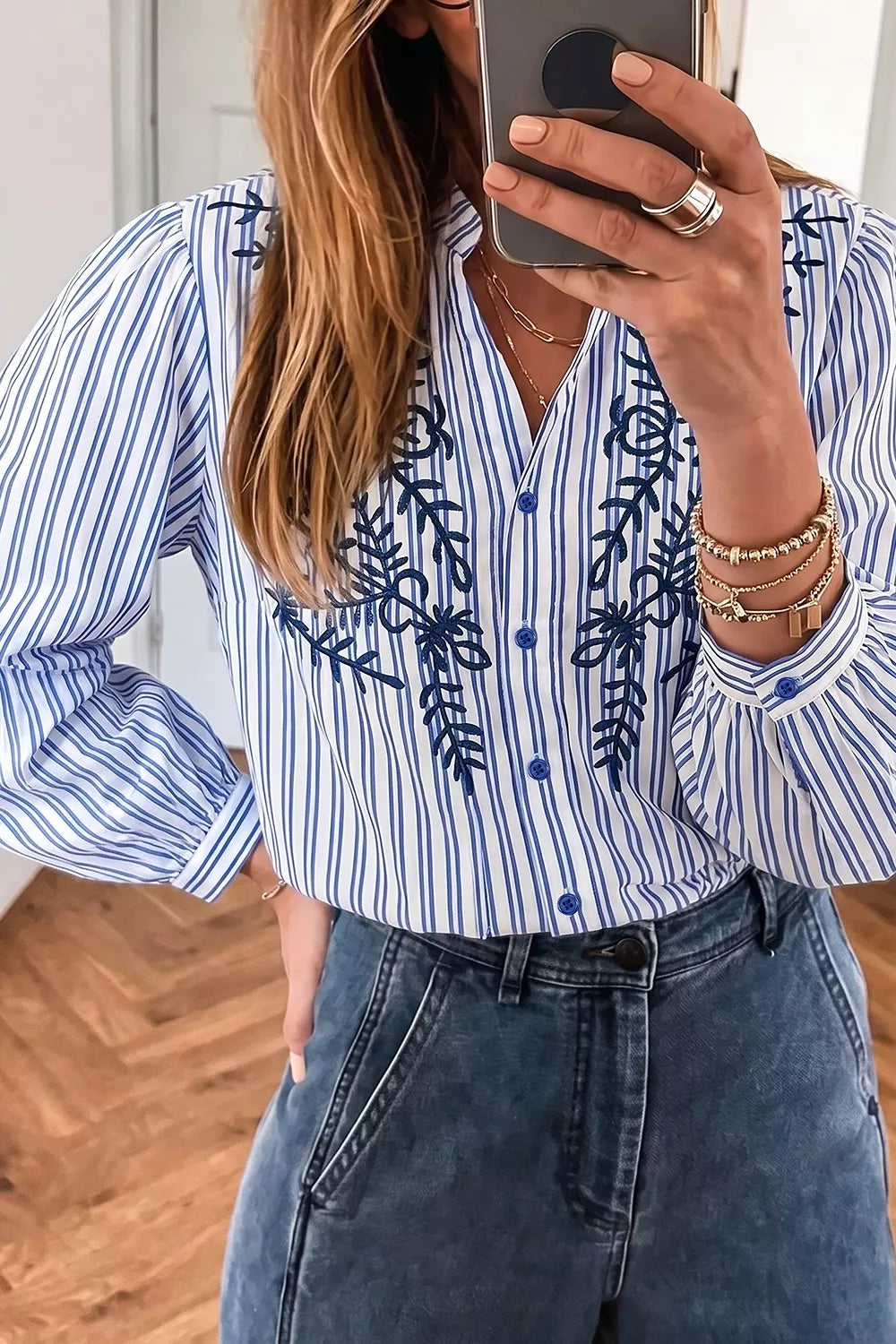Stripe Embroidered Button Front Long Sleeve Shirt, side view
