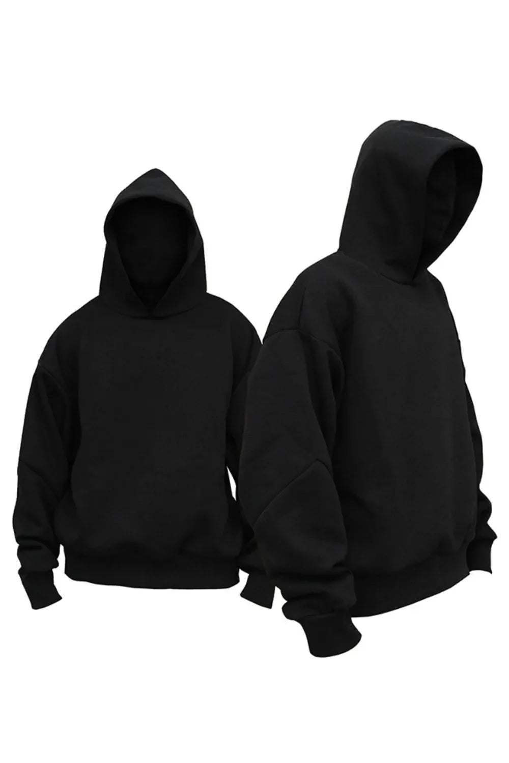 Black oversized hooded sweatshirt with drop shoulders and cuffed sleeves.