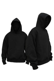 Black oversized hooded sweatshirt with drop shoulders and cuffed sleeves.