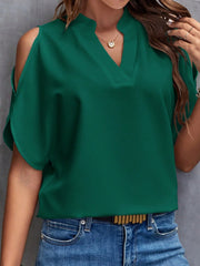 Dark Green open-shoulder keyhole blouse in 100% polyester with V-neck and short sleeves.