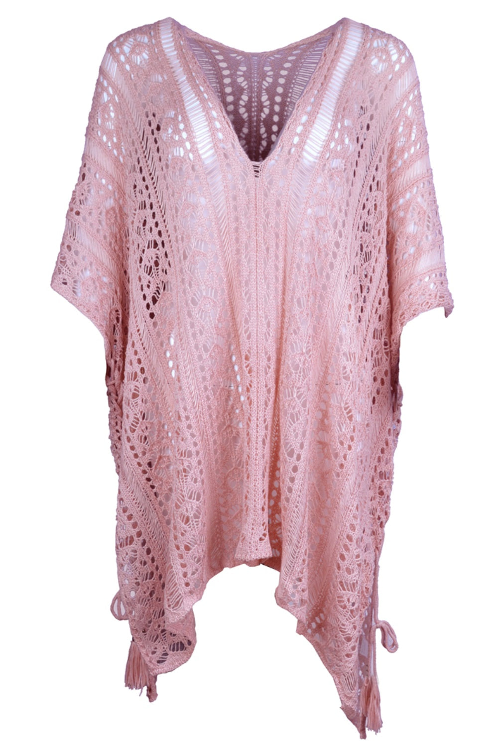 Dusty Pink open-knit V-neck beach cover-up with tassel details