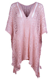 Dusty Pink open-knit V-neck beach cover-up with tassel details