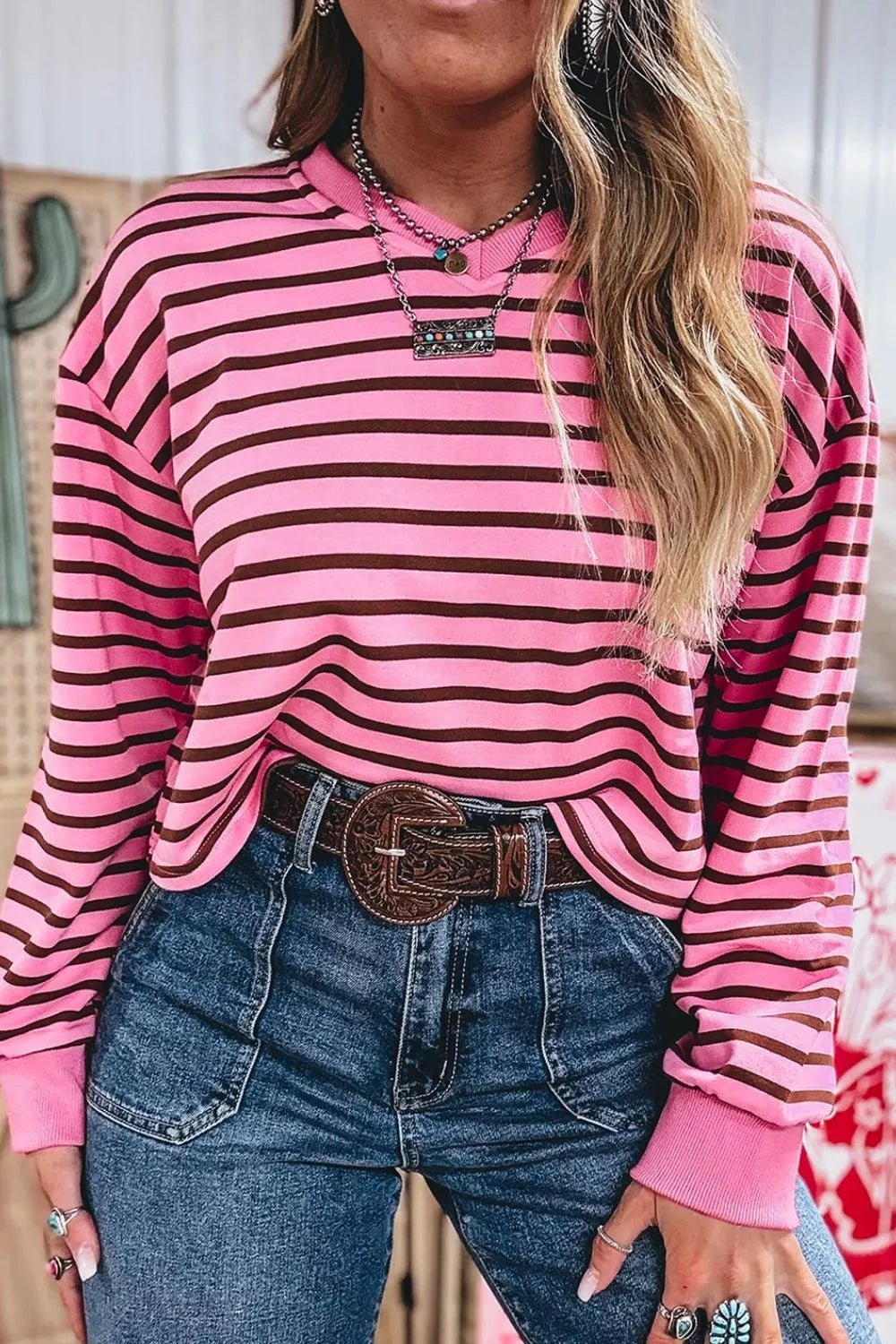 Stripe V Neck Drop Shoulder Long Sleeve Shirt, model styling view