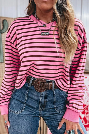 Stripe V Neck Drop Shoulder Long Sleeve Shirt, model styling view