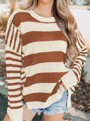 Patchwork drop shoulder sweater in caramel and cream stripes, acrylic fabric, baggy fit, casual style.