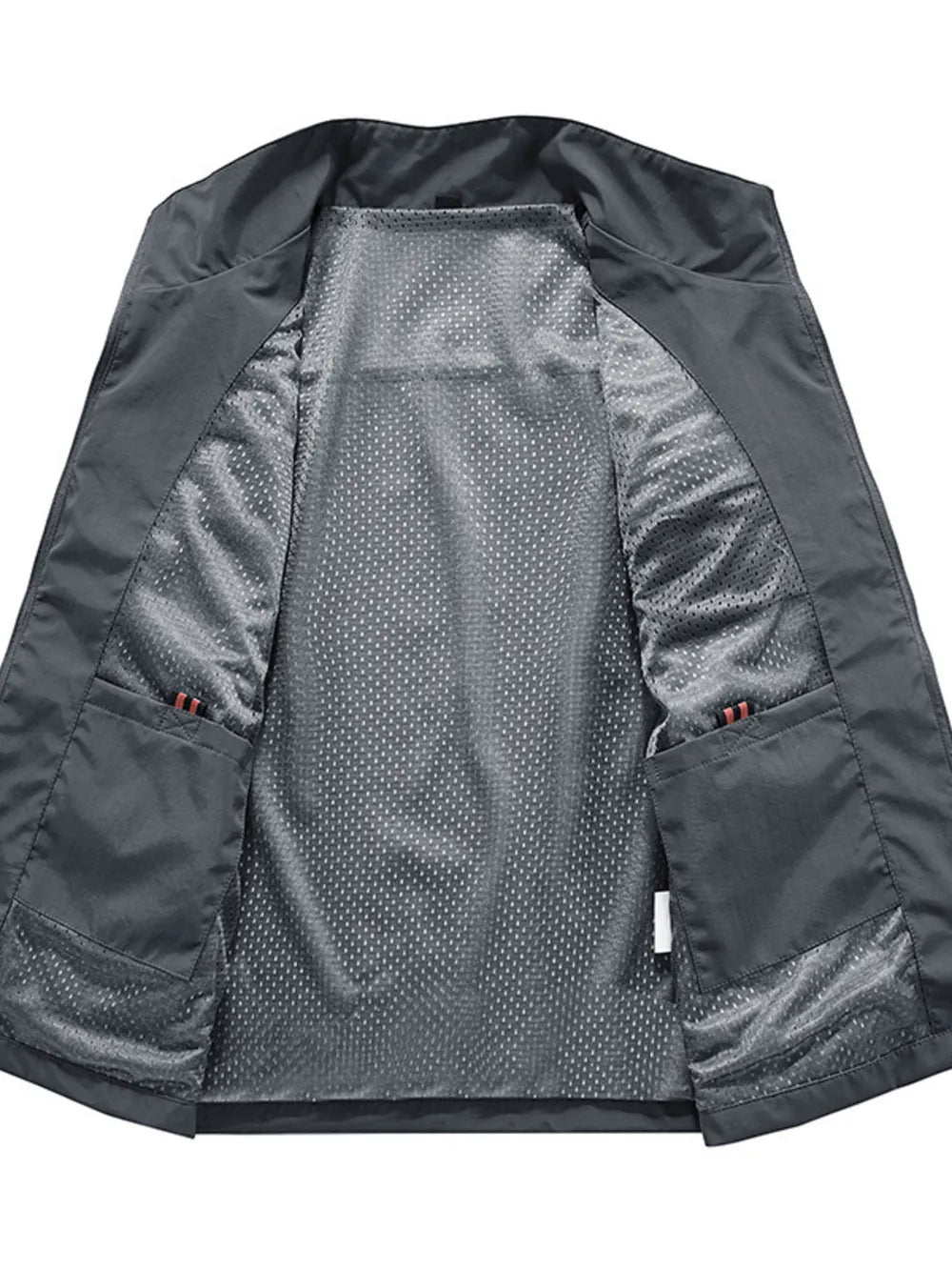 Grey men's utility vest with mesh lining and multiple pockets.