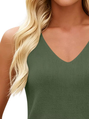 V-neck Ribbed Knit Tank Top in Navy, fit detail