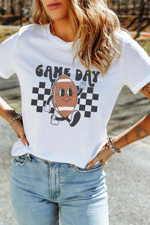 White polyester graphic tee with a cartoon football and "GAME DAY" text on a checkered background.