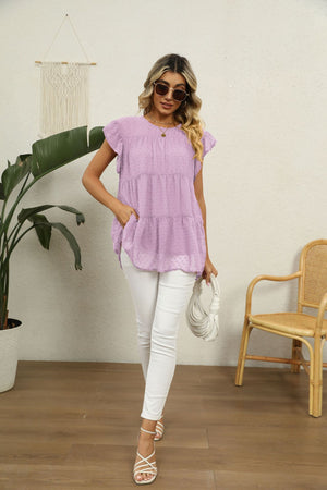 Swiss dot flutter sleeve blouse in Pink Lavender with tiered ruffle hem.