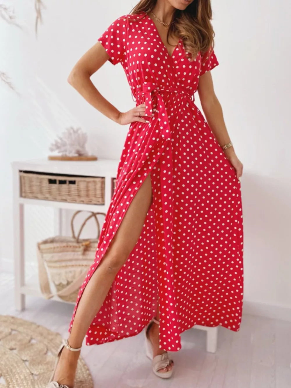 Polka Dot Surplice Maxi Dress With Slit in Dusty Pink, alternate angle