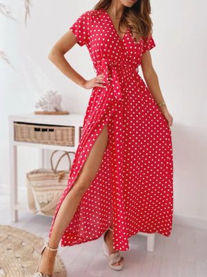 Polka Dot Surplice Maxi Dress With Slit in Dusty Pink, alternate angle