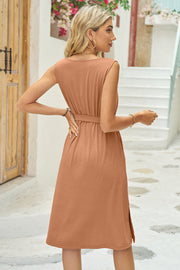 Camel belted sleeveless midi dress with slit hem