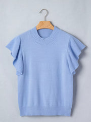 Light blue ribbed knit top with ruffled short sleeves and round neck.