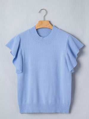Light blue ribbed knit top with ruffled short sleeves and round neck.