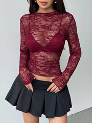 Sheer Lace Long Sleeve Top in Black, view 11