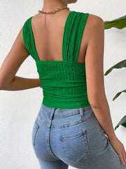 Green textured crinkle strap crop top with ruched bodice and square neckline