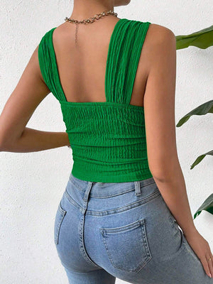 Green textured crinkle strap crop top with ruched bodice and square neckline