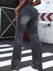 High-waist straight leg jeans in dark gray denim with a faded wash and subtle creasing.
